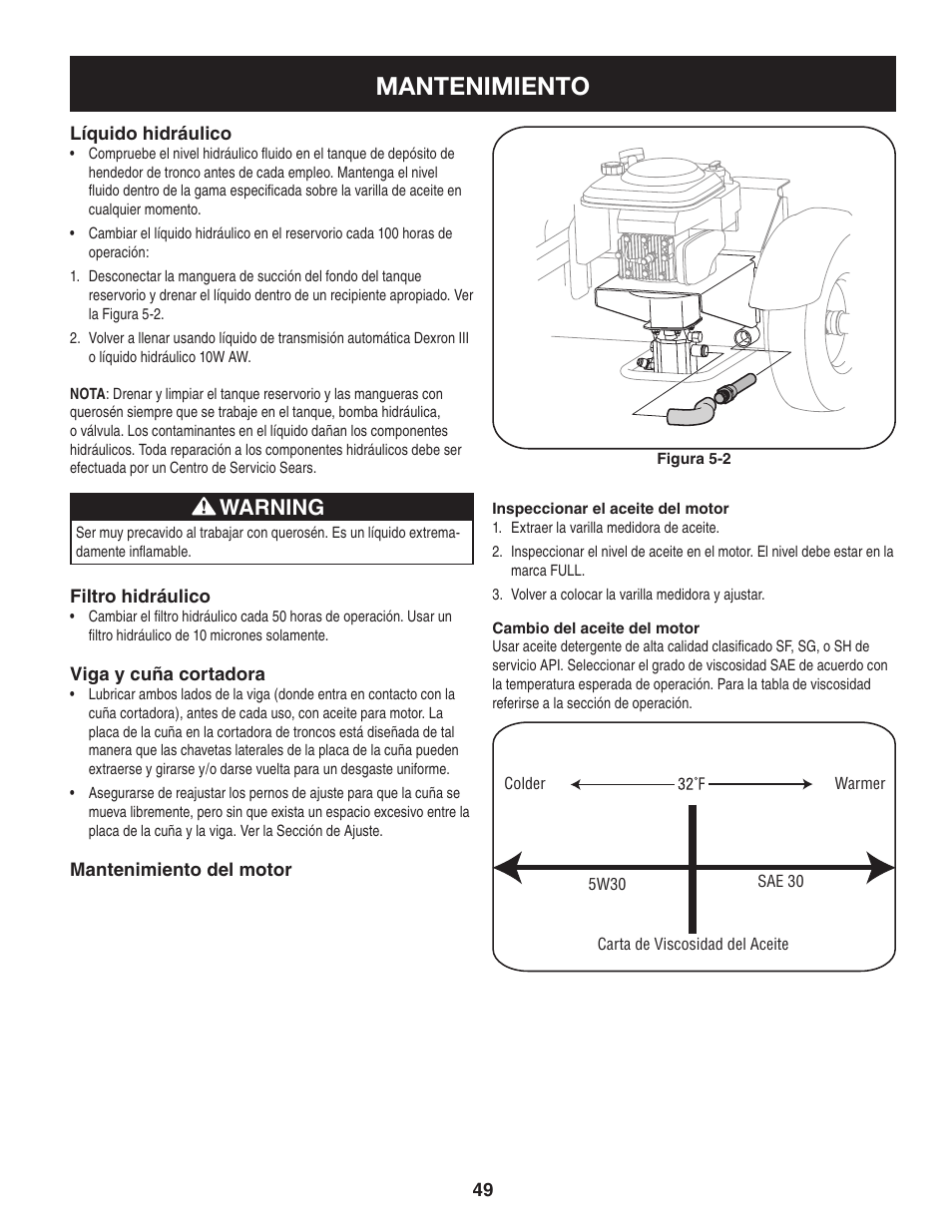 Mantenimiento, Warning | Sears Craftsman 247.7764 User Manual | Page 49 / 60