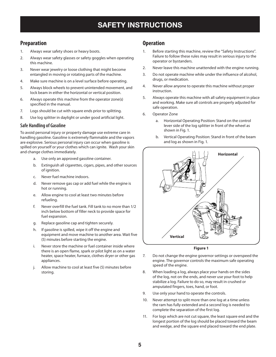 Safety instructions, Preparation, Operation | Safe handling of gasoline | Sears Craftsman 247.7764 User Manual | Page 5 / 60