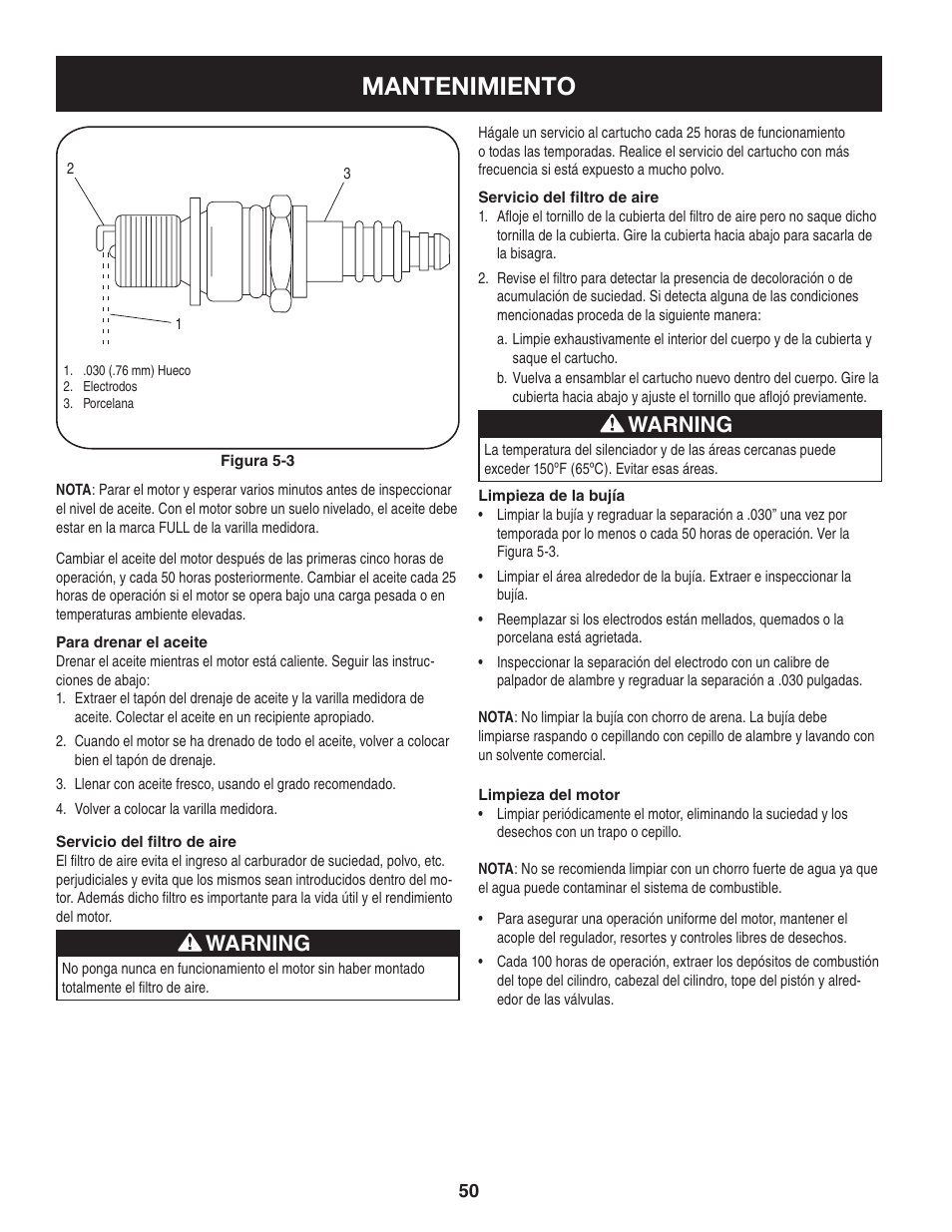 Mantenimiento, Warning | Sears Craftsman 247.7764 User Manual | Page 50 / 60