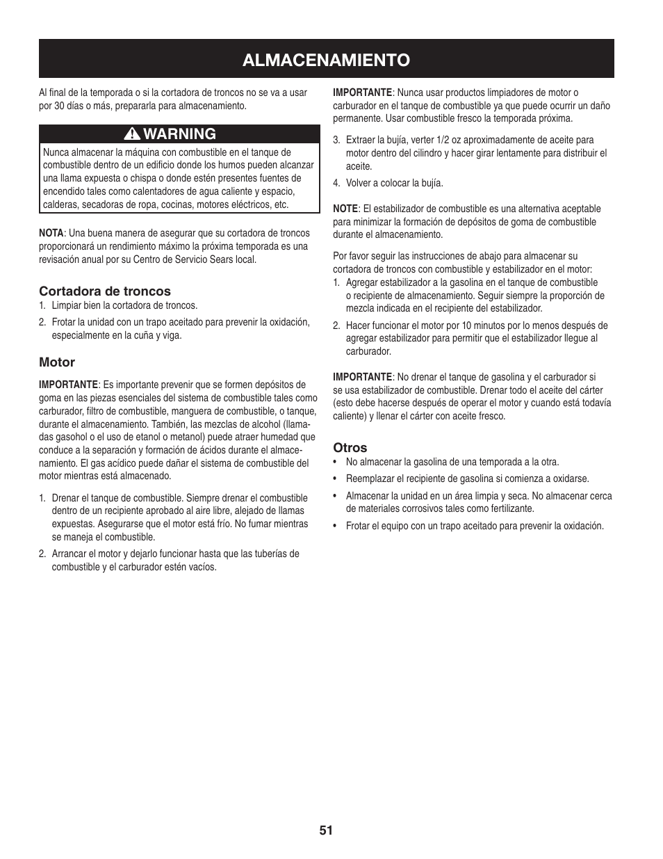Almacenamiento, Warning | Sears Craftsman 247.7764 User Manual | Page 51 / 60