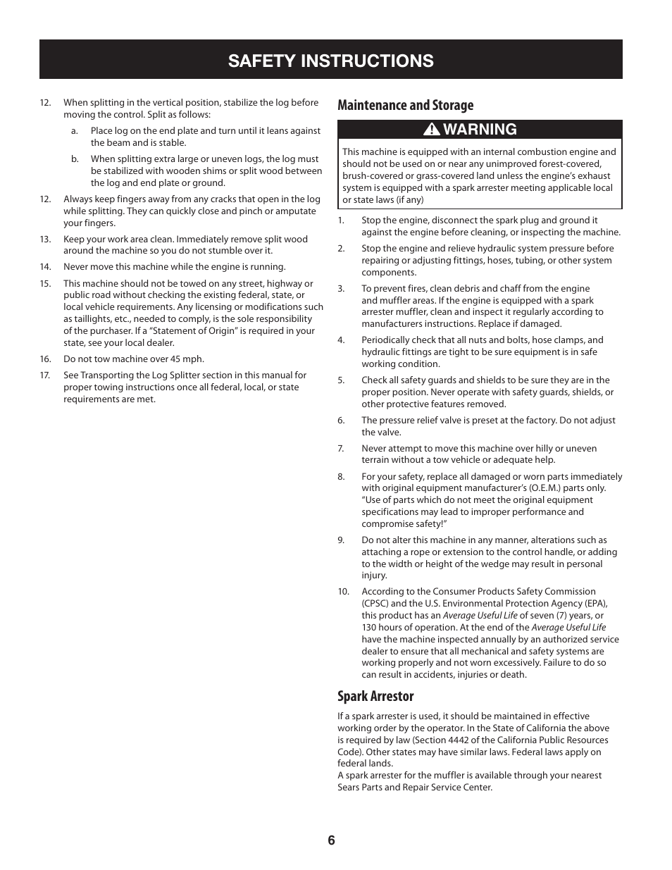 Safety instructions, Maintenance and storage, Spark arrestor | Warning | Sears Craftsman 247.7764 User Manual | Page 6 / 60
