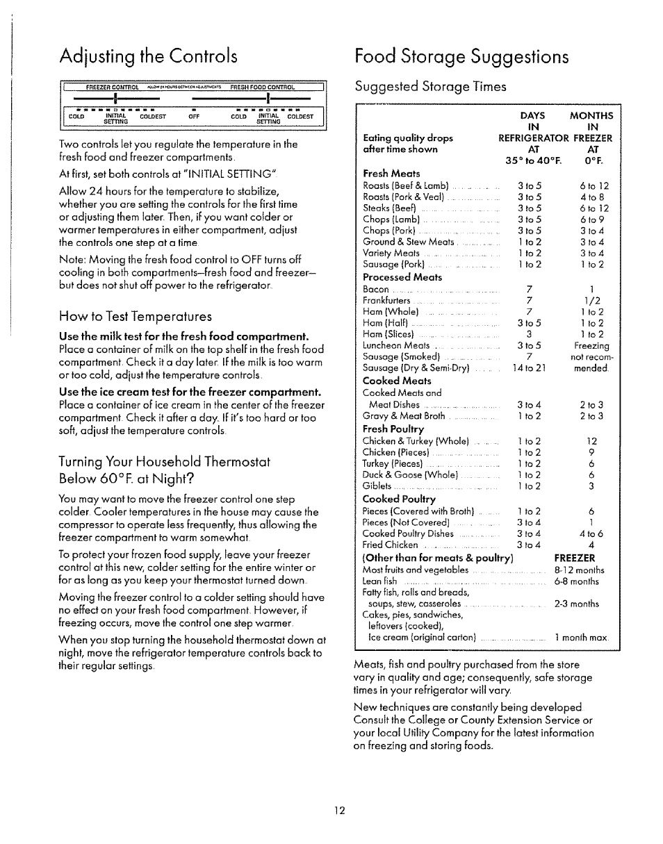 Adjusting the controls, How to test temperatures, Turning your household thermostat | Below ó0°f. af night, Food storage suggestions, Suggested storage times | Sears 8EAIRS User Manual | Page 12 / 20