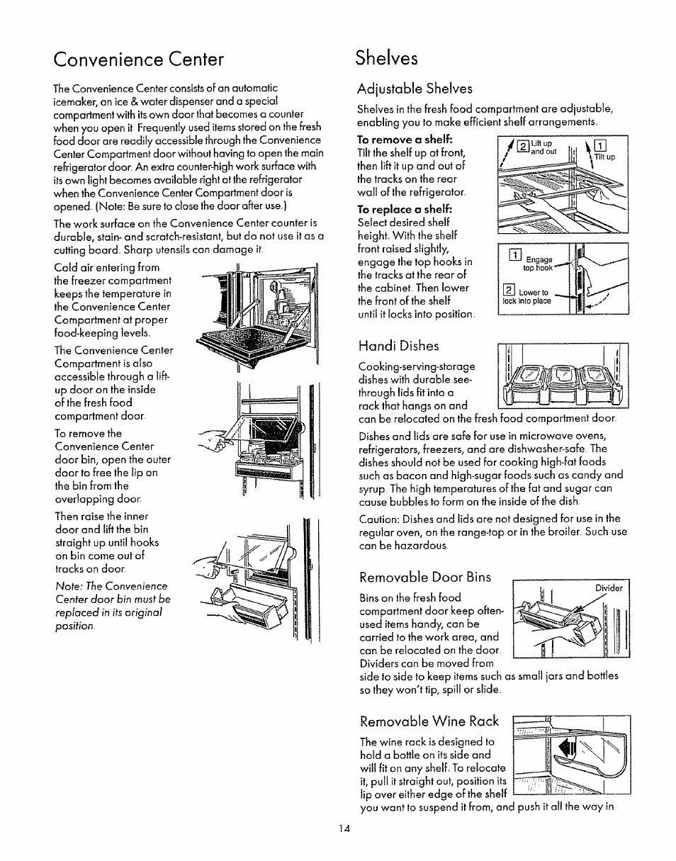 Convenience center, Adjustable shelves, Handi dishes | Removable door bins, Removoble wine rack, Convenience center she!ves | Sears 8EAIRS User Manual | Page 14 / 20