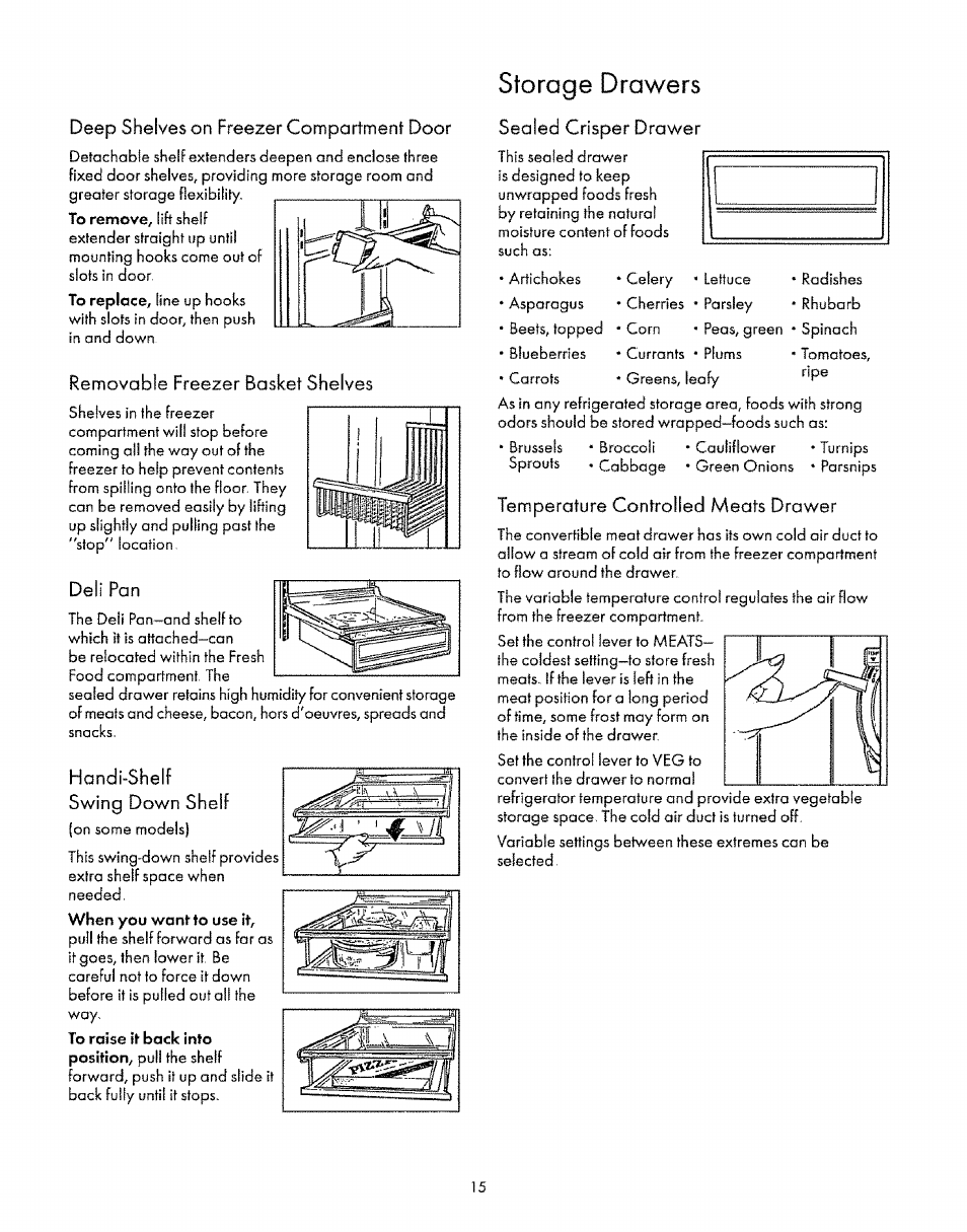 Deep shelves on freezer compartmenf door, Removable freezer basket shelves, Deli pan | Handi-shelf swing down sheii fon some models), Handi-shelf swing down sheii | Sears 8EAIRS User Manual | Page 15 / 20