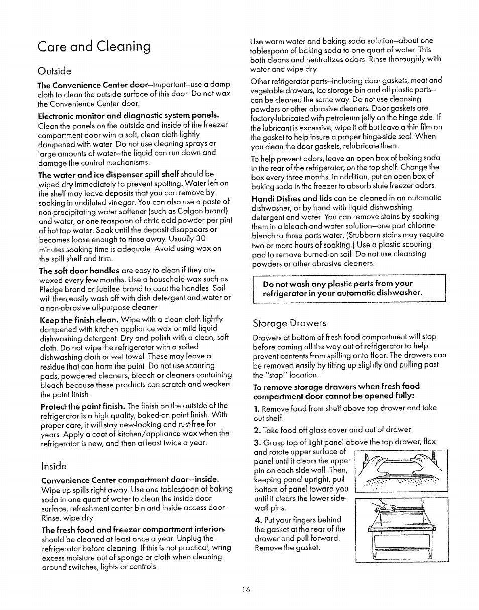 Care and cleaning, Outside, Inside | Storage drawers | Sears 8EAIRS User Manual | Page 16 / 20