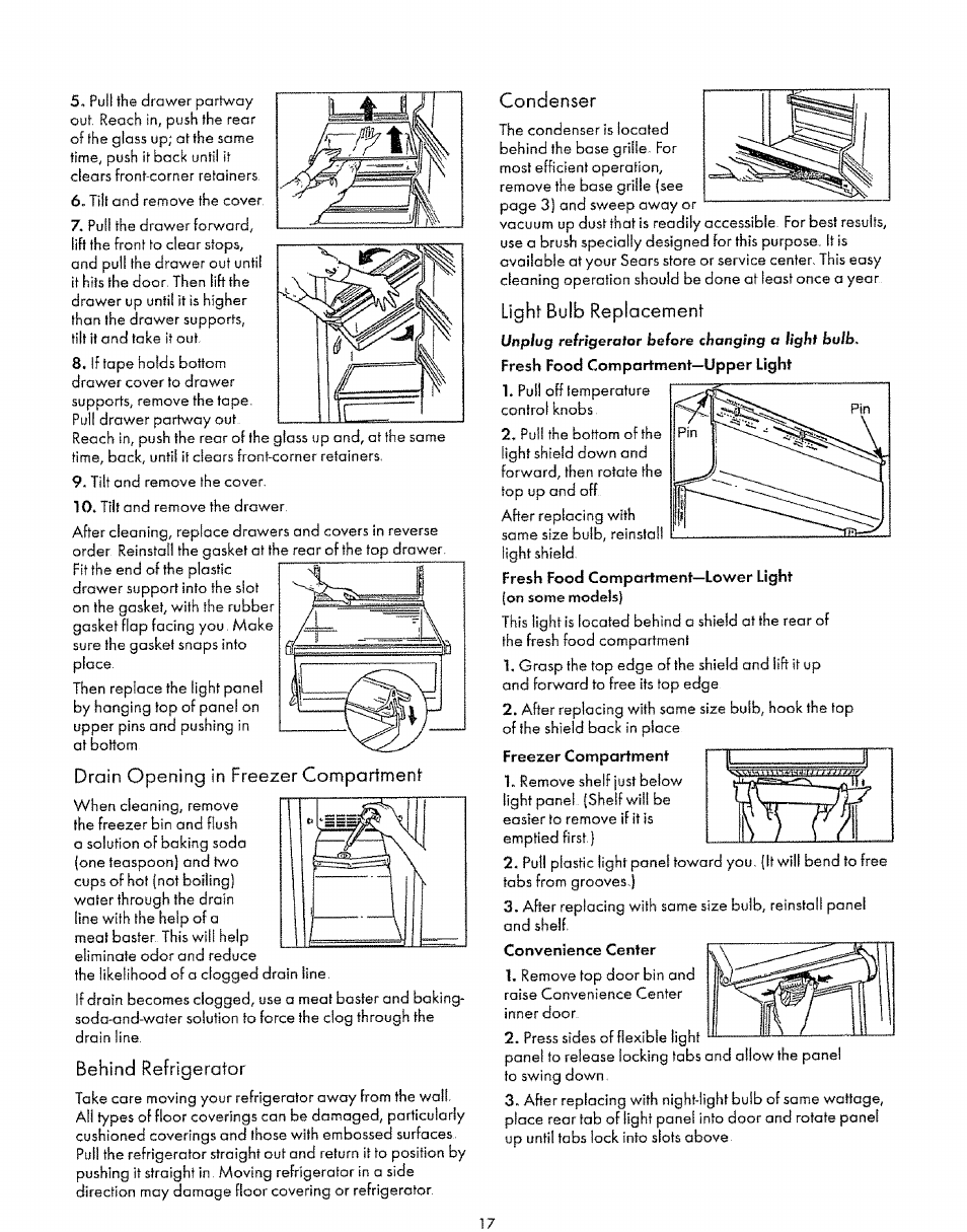 Drain opening in freezer comparimenl, Behind refrigerator, Condenser | Light bulb replacement | Sears 8EAIRS User Manual | Page 17 / 20