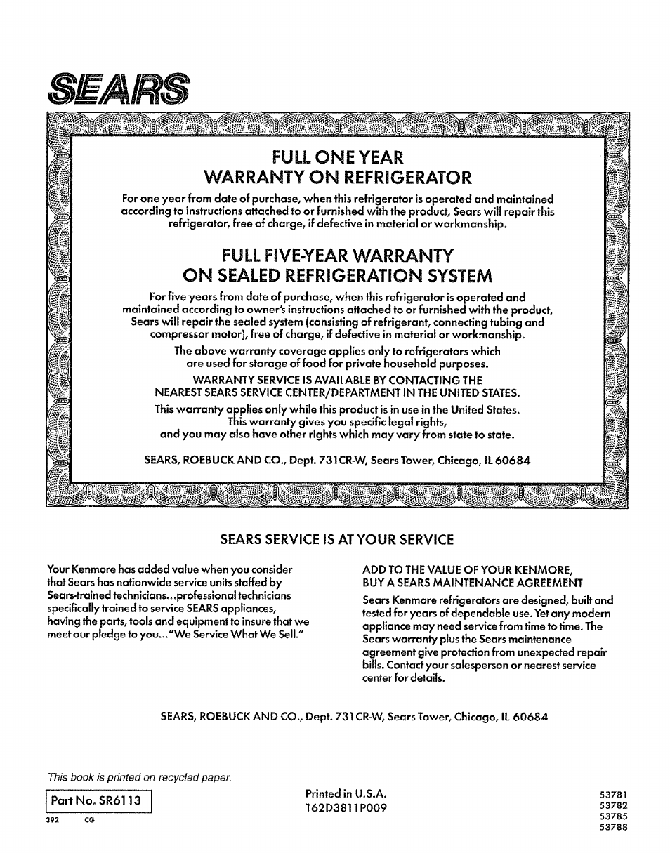 Sears service is at your service, Full one year warranty on refrigerator | Sears 8EAIRS User Manual | Page 20 / 20