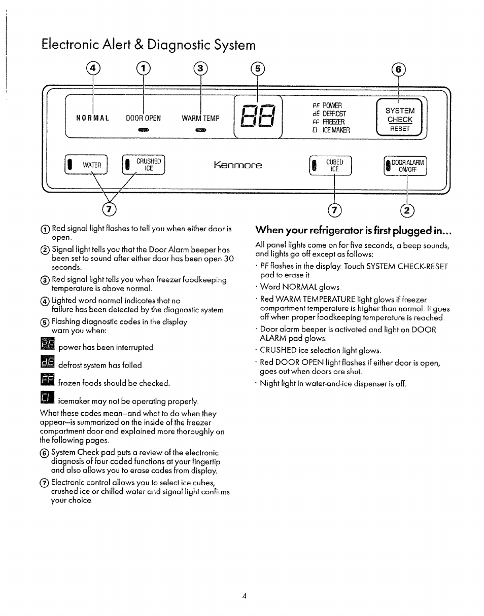 Electronic alert & diagnostic system, Normal, When your refrigerator is first plugged in | Sears 8EAIRS User Manual | Page 4 / 20