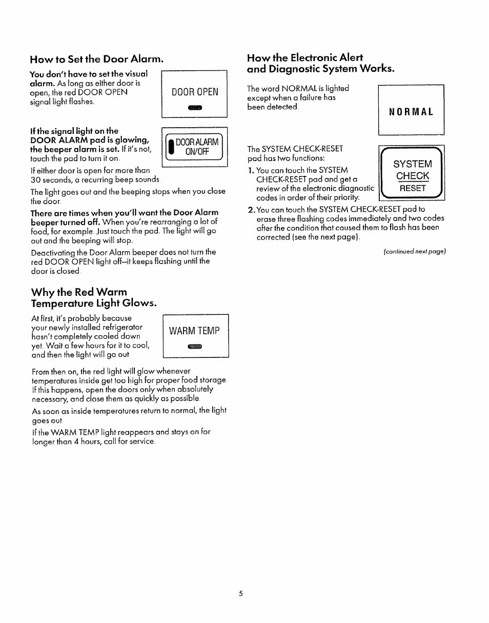 How to set the door alarm, Why the red warm temperature light glows | Sears 8EAIRS User Manual | Page 5 / 20