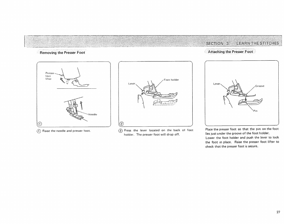 Removing the presser foot, Attaching the presser foot | Sears OVERLOCK 385. 564180 User Manual | Page 28 / 46