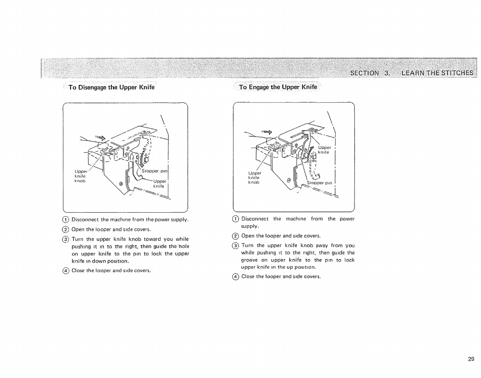 To disengage the upper knife, To engage the upper knife | Sears OVERLOCK 385. 564180 User Manual | Page 30 / 46