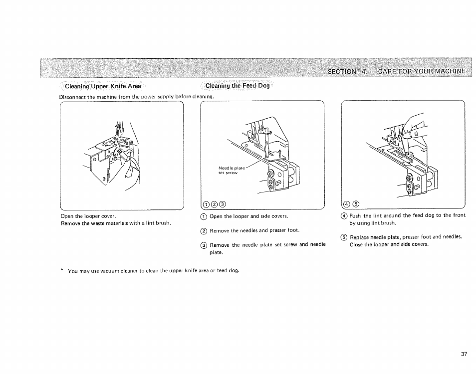 Cleaning upper knife area cleaning the feed dog | Sears OVERLOCK 385. 564180 User Manual | Page 38 / 46