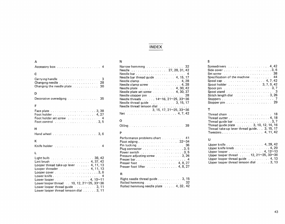 Index | Sears OVERLOCK 385. 564180 User Manual | Page 44 / 46