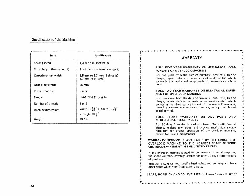 Specification of the machine, Warrawty | Sears OVERLOCK 385. 564180 User Manual | Page 45 / 46