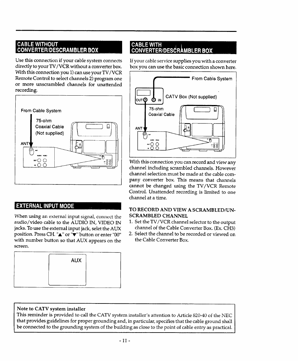 Cable without converter/descrambler box, Cable with i 1 converter/descràmblêr box, External input mode | Sears 934.4482639 User Manual | Page 11 / 36