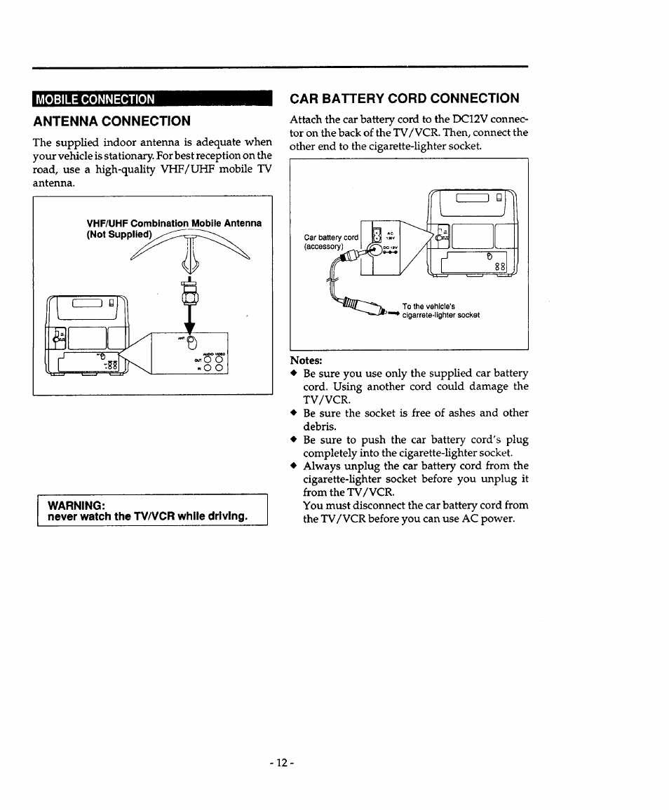 Mobile connection, Antenna connection, Car battery cord connection | Antenna connections | Sears 934.4482639 User Manual | Page 12 / 36