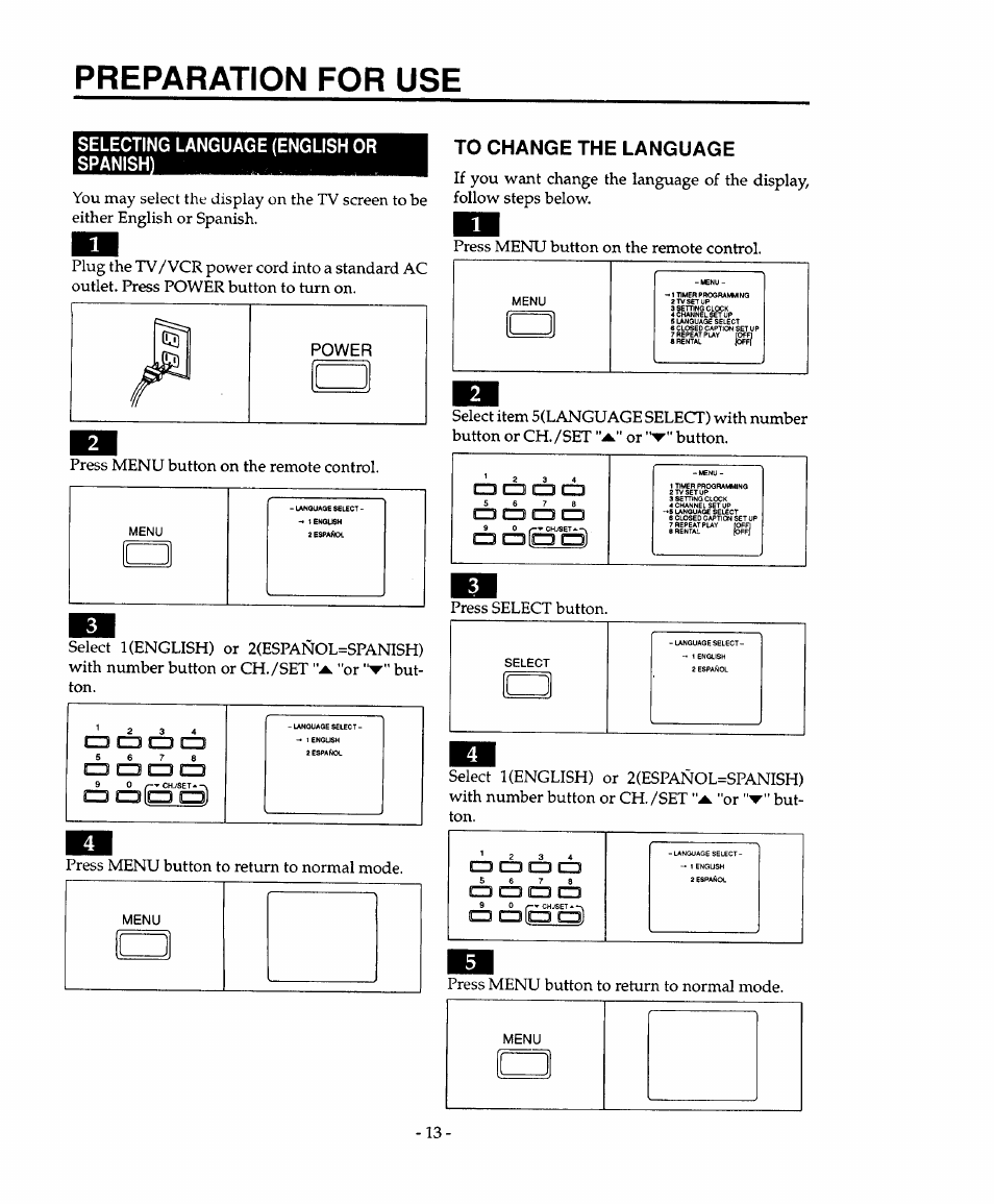 Selecting language (english or spanish), To change the language, Preparation for use | A ola g, Or but- press menu button to return to normal mode, Press select button, Or but­ ton, Press menu button to return to normal mode, C3 □ cz3 cid, C3 ci3 | Sears 934.4482639 User Manual | Page 13 / 36