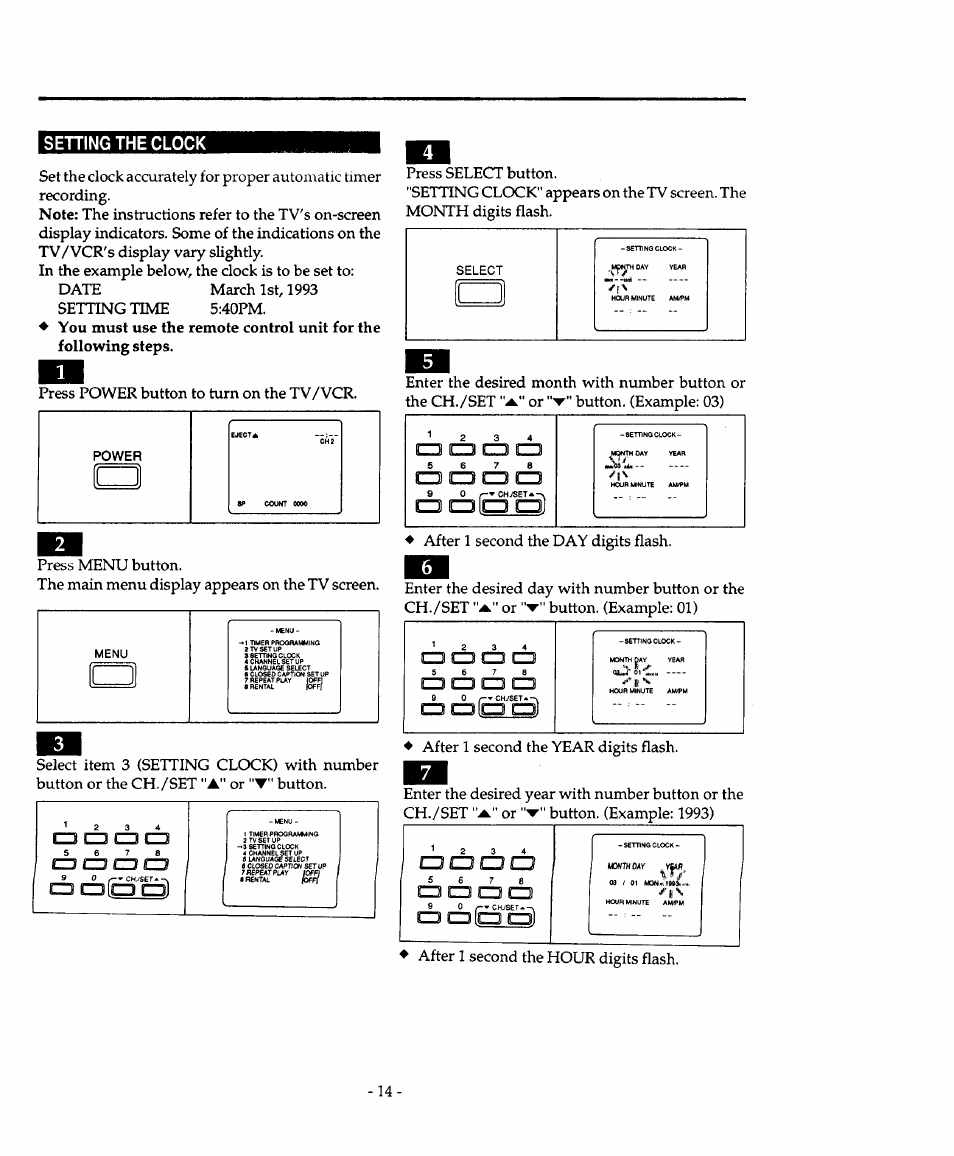 Setting the clock, Button. cd cz3 ezu cd, A cd d cd | Cd cd [cd cd), Or "▼" button. (example: 03), Or button. (example: 01) cd о cd c3, Cd 8z3ìicd гр, Or button. (example: 1993), After 1 second the hour digits flash, 9 _ 0 ^^chyset | Sears 934.4482639 User Manual | Page 14 / 36