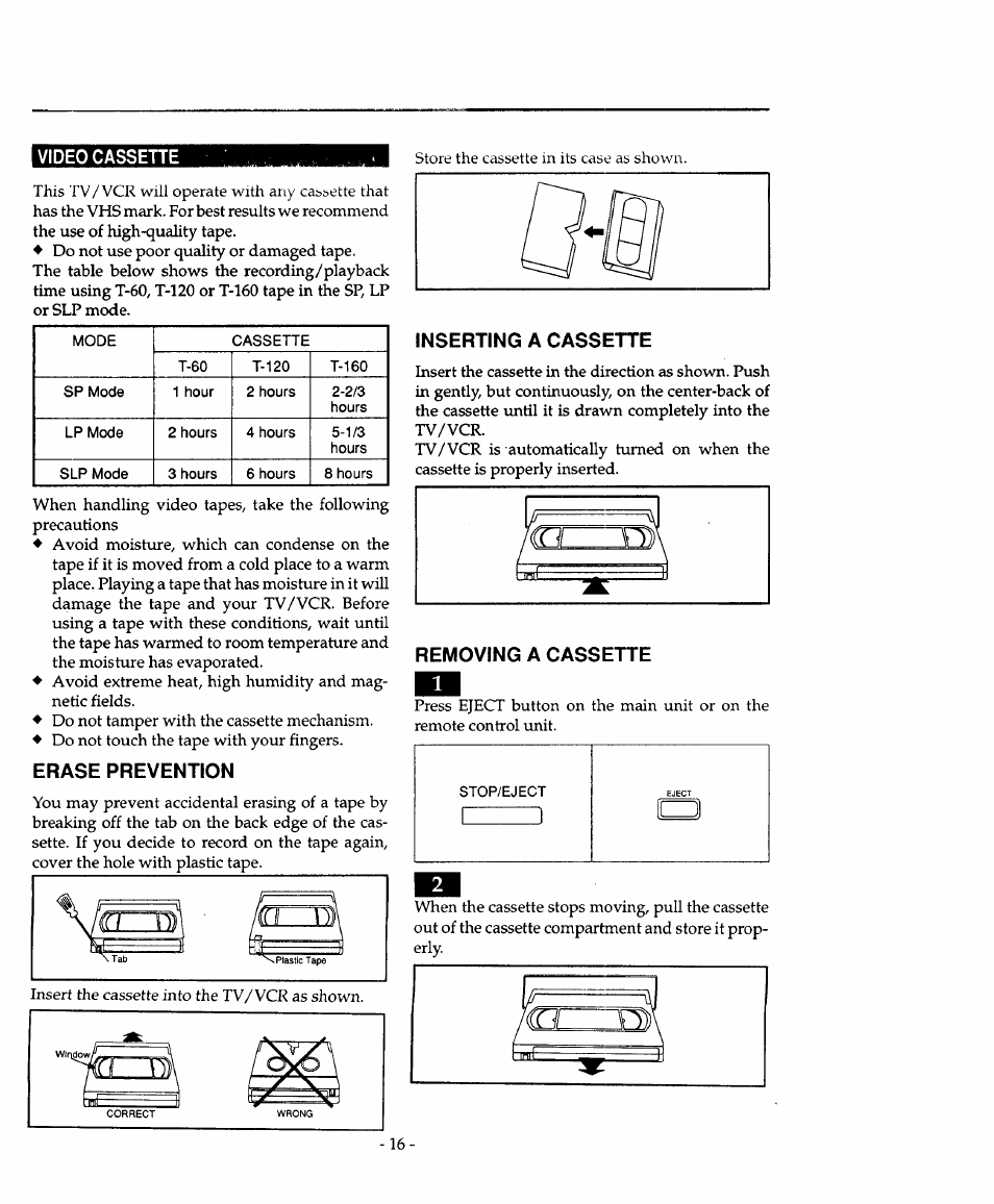 Erase prevention, Inserting a cassette, Removing a cassette | Sears 934.4482639 User Manual | Page 16 / 36