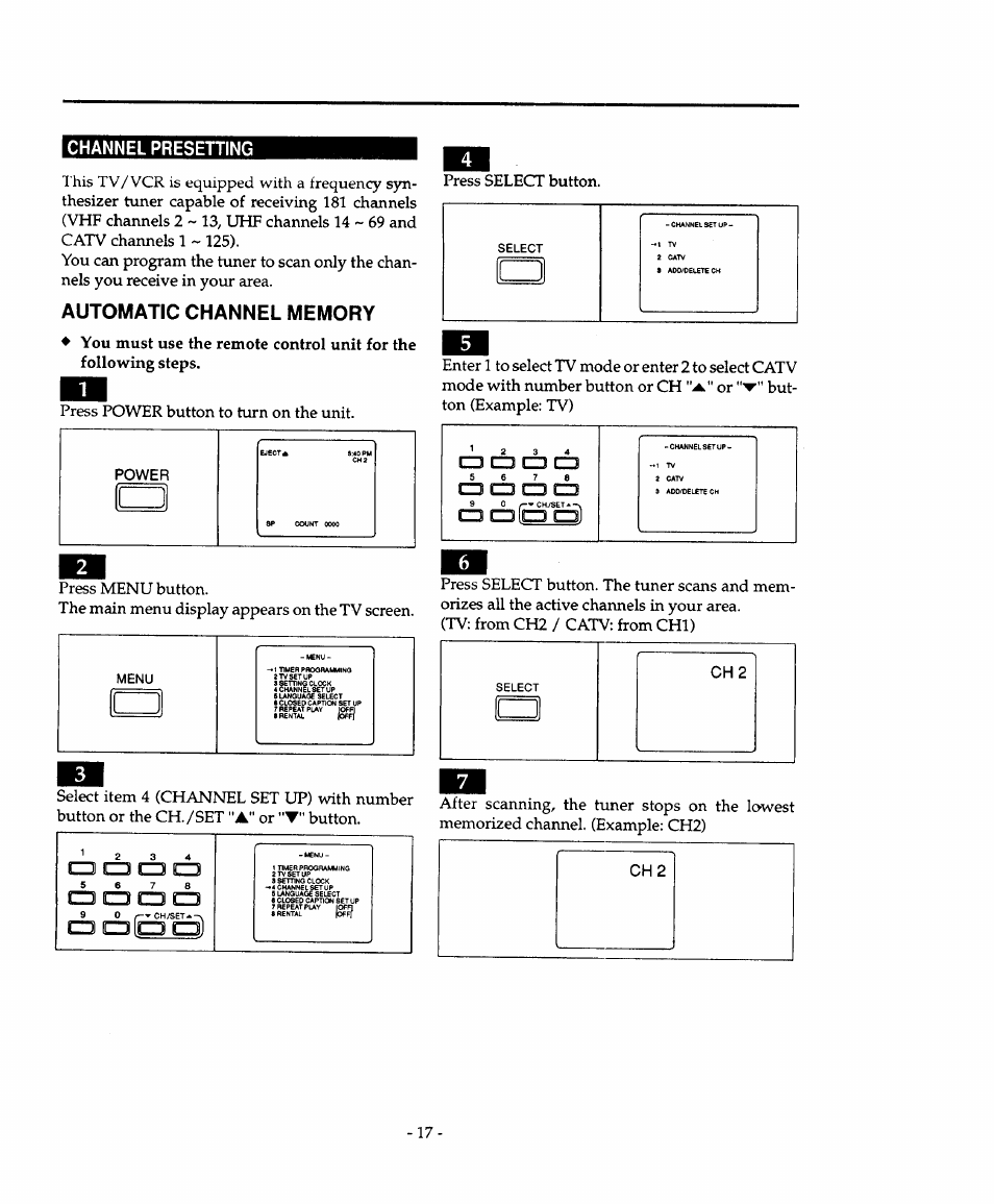 Automatic channel memory, Press select button, Channel presetting | Power, Cd cz3 cz3 cz5, Cd □pa, Cd cd cd cd, Cd c3 cd cd cd cdlcd cd) | Sears 934.4482639 User Manual | Page 17 / 36