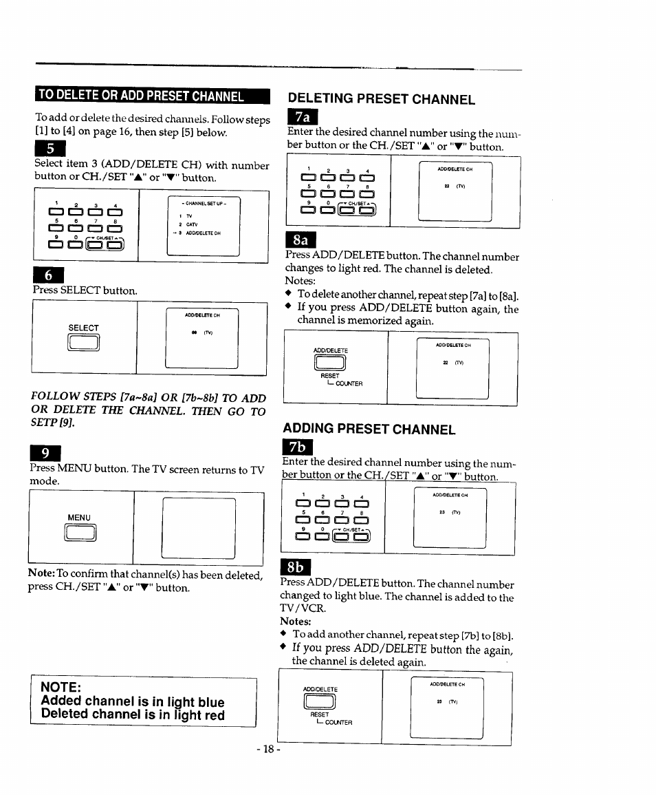 To delete or add preset channel, Deleting preset channel, Adding preset channel | Or button. cd a cd cd, Cd cd cd cd, Cd cdi press select button, Button, Or button. cd cd cd cd, Mg rm g—8, Enter the desired channel number using the num | Sears 934.4482639 User Manual | Page 18 / 36