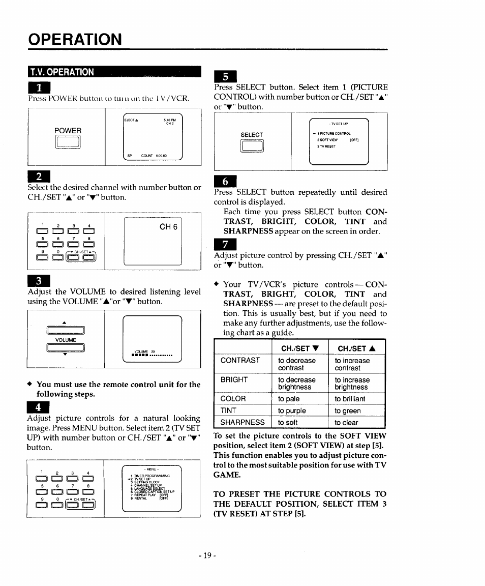 T.v. operation, Operation, Czs cb cb cb | Button, Or button, Button. cd cd cd cd, C3 □ c3 cz3 | Sears 934.4482639 User Manual | Page 19 / 36