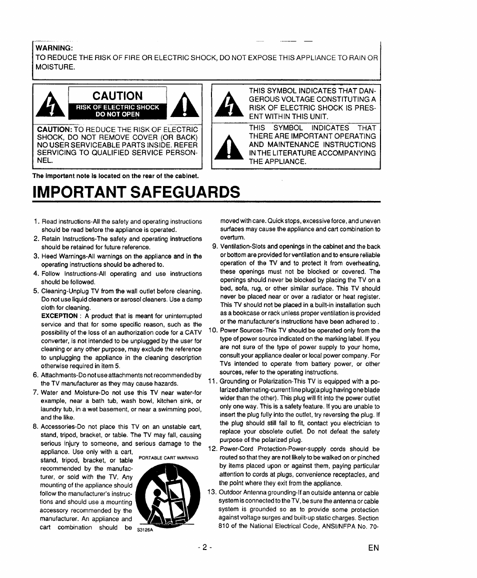 Important safeguards, Importantsafeguards, Caution | Sears 934.4482639 User Manual | Page 2 / 36
