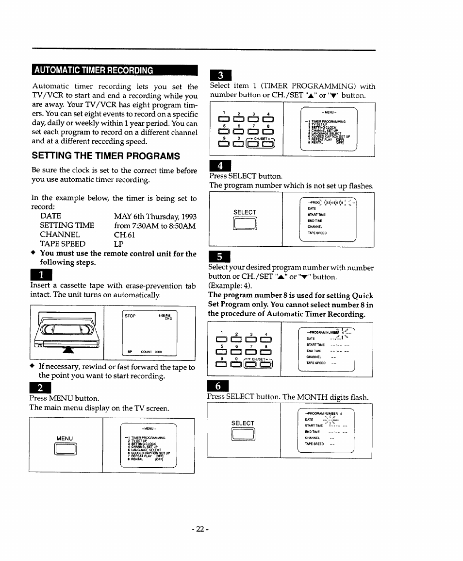 Setting the timer programs, Button. cd □ ci3 c3, Press select button. the month digits flash | Automatic timer recording, Cd cd cd cd, Ez3 cd cd cd cd g ------------ h.; 3! j | Sears 934.4482639 User Manual | Page 22 / 36