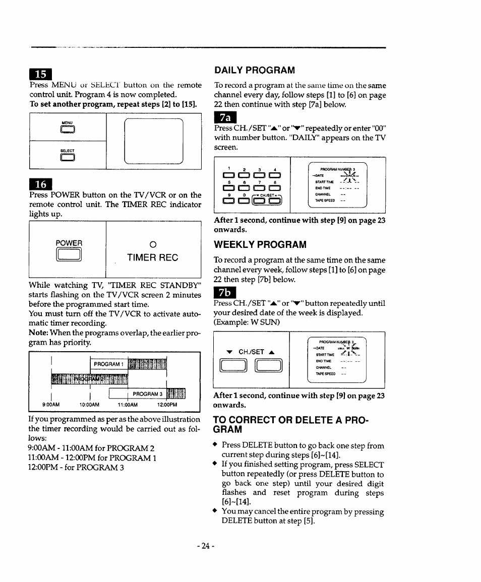 Daily program, Weekly program, To correct or delete a program | Sears 934.4482639 User Manual | Page 24 / 36