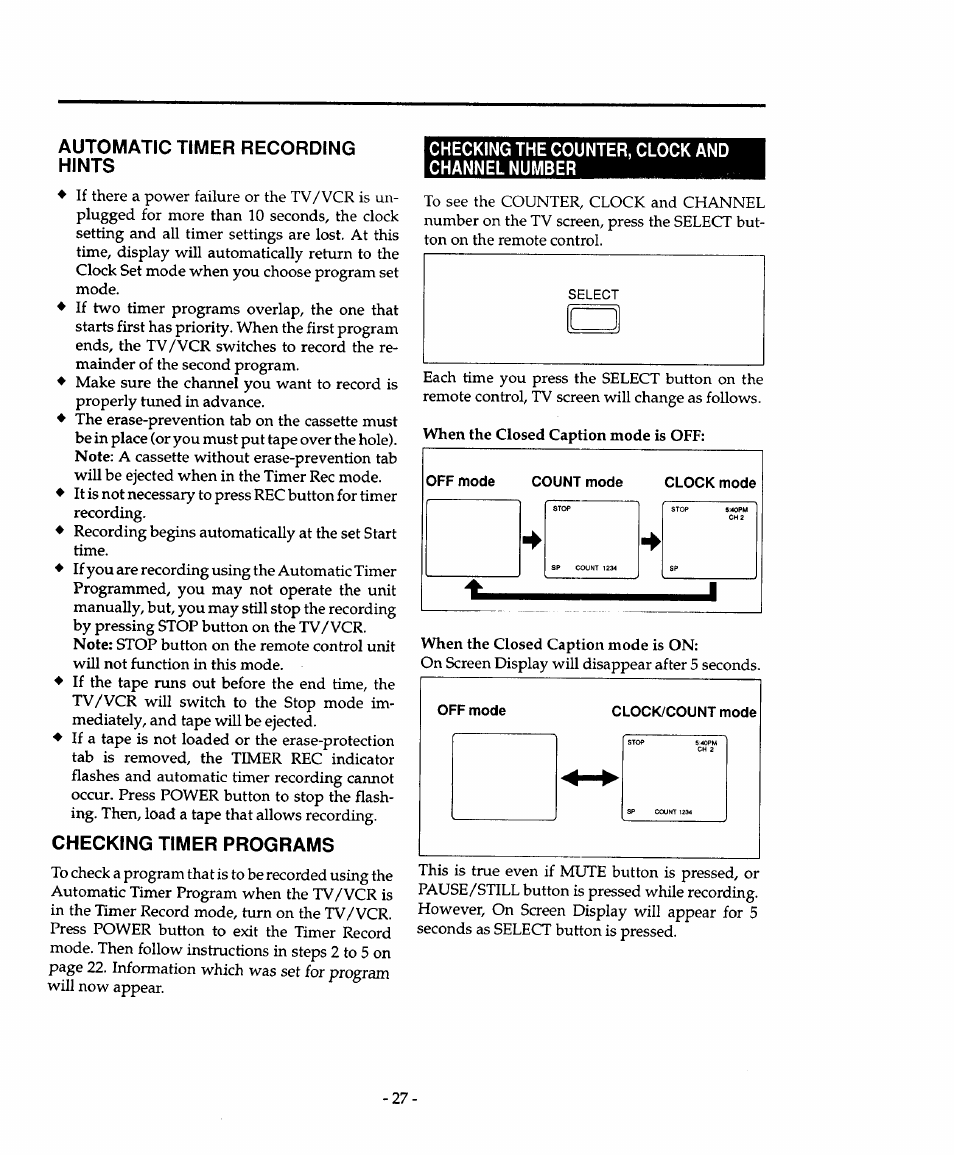 Automatic timer recording hints, Checking timer programs, Checking the counter, clock and channel number | Sears 934.4482639 User Manual | Page 27 / 36