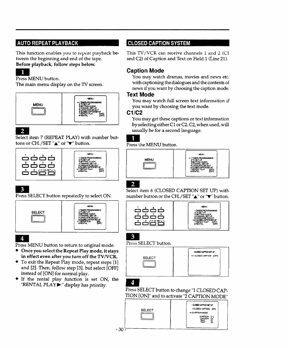 Auto repeat playback, Closed caption system, Caption mode | Text mode, C1/c2, Auto repeat playback closed caption system, Button, Press select button repeatedly to select on, Or button, Press menu button to return to original mode | Sears 934.4482639 User Manual | Page 30 / 36