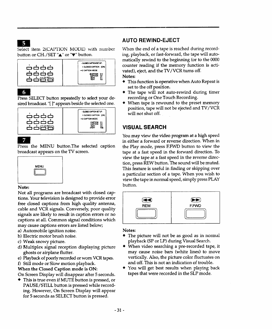 Auto rewind-eject, Visual search, Or button | Sears 934.4482639 User Manual | Page 31 / 36