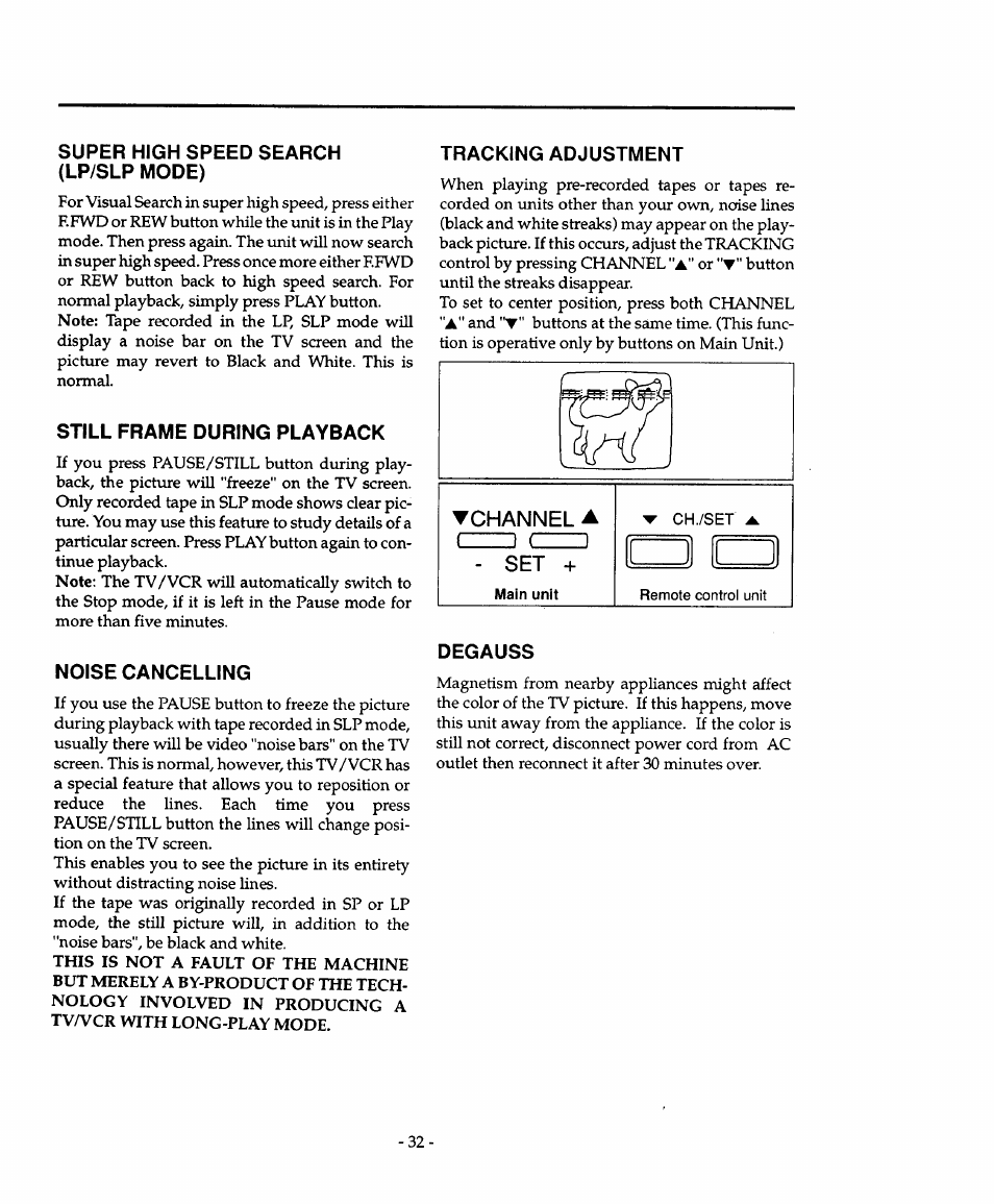 Super high speed search (lp/slp mode), Still frame during playback, Noise cancelling | Tracking adjustment, Degauss | Sears 934.4482639 User Manual | Page 32 / 36