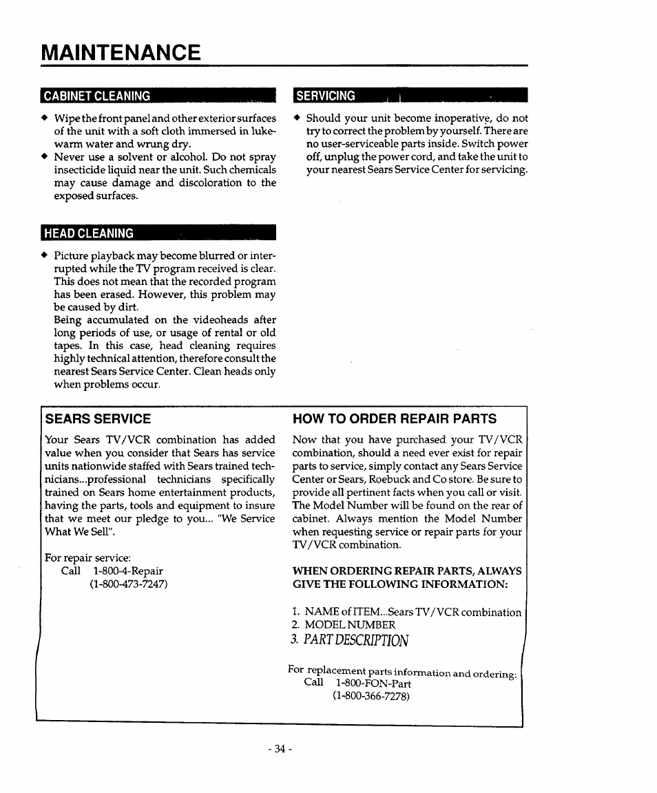 Cabinet cleaning, Head cleaning, Sears service | How to order repair parts, Maintenance, Part description | Sears 934.4482639 User Manual | Page 34 / 36