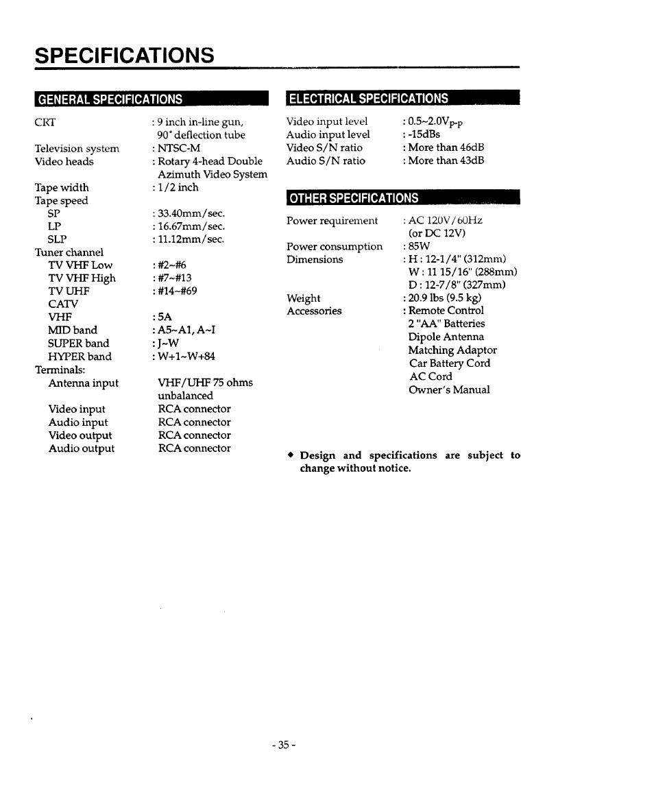 General specifications, Electrical specifications, Other specifications | Specifications | Sears 934.4482639 User Manual | Page 35 / 36