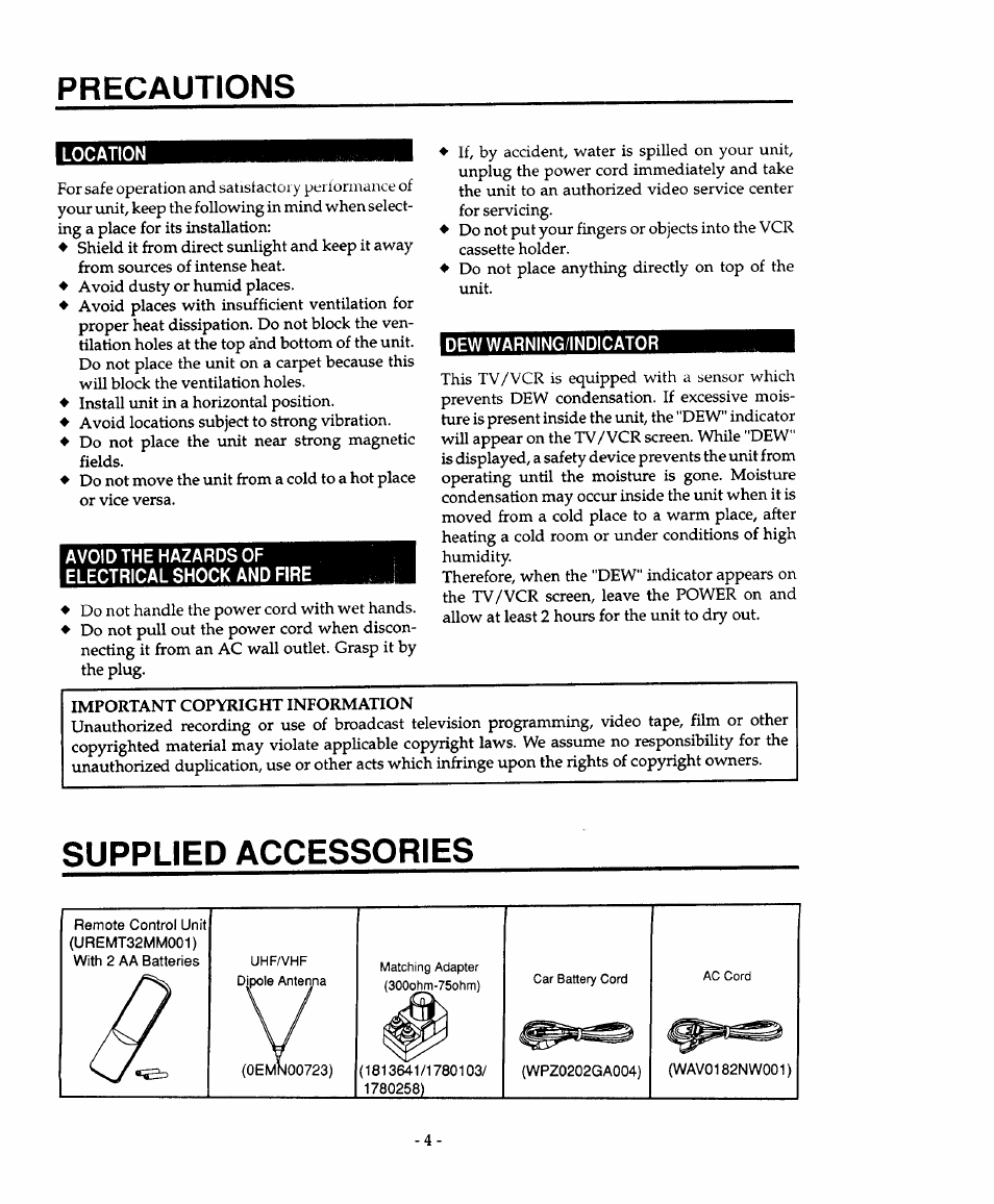 Precautions, Location, Avoid the hazards of electrical shock and fire | Dewwarning/indicator, Supplied accessories, Precautions supplied accessories | Sears 934.4482639 User Manual | Page 4 / 36