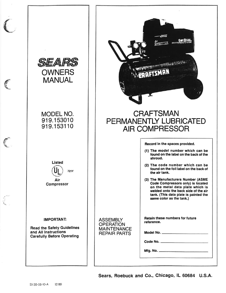 Sears Craftsman 919.153110 User Manual | 16 pages