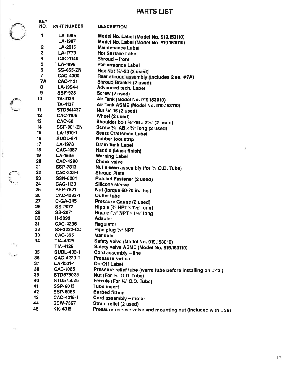Parts list | Sears Craftsman 919.153110 User Manual | Page 13 / 16