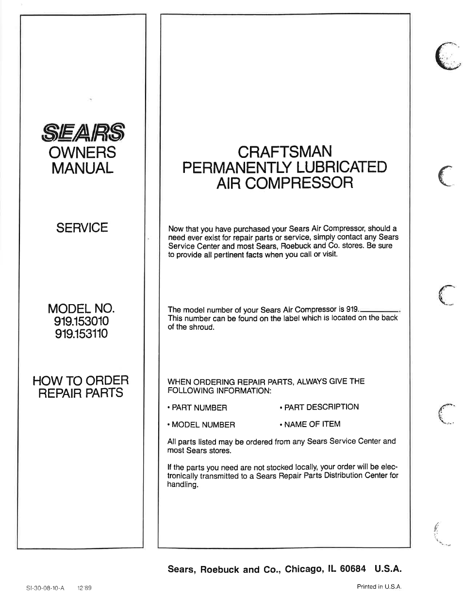 Owners, Manual, Craftsman | Permanently lubricated air compressor, Owners manual, Craftsman permanently lubricated air compressor | Sears Craftsman 919.153110 User Manual | Page 16 / 16