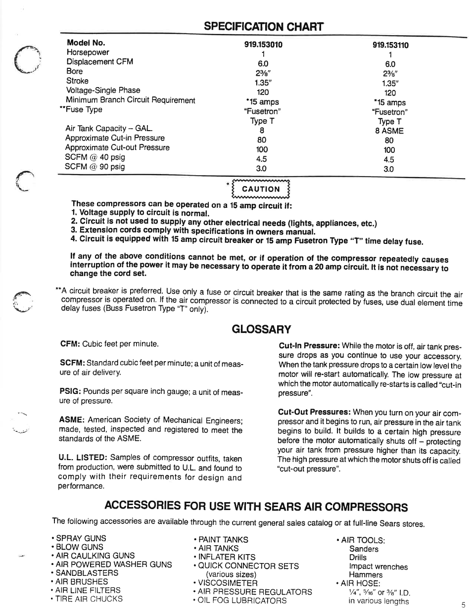 Specification chart, Glossary, Accessories for use with sears air compressors | Sears Craftsman 919.153110 User Manual | Page 5 / 16