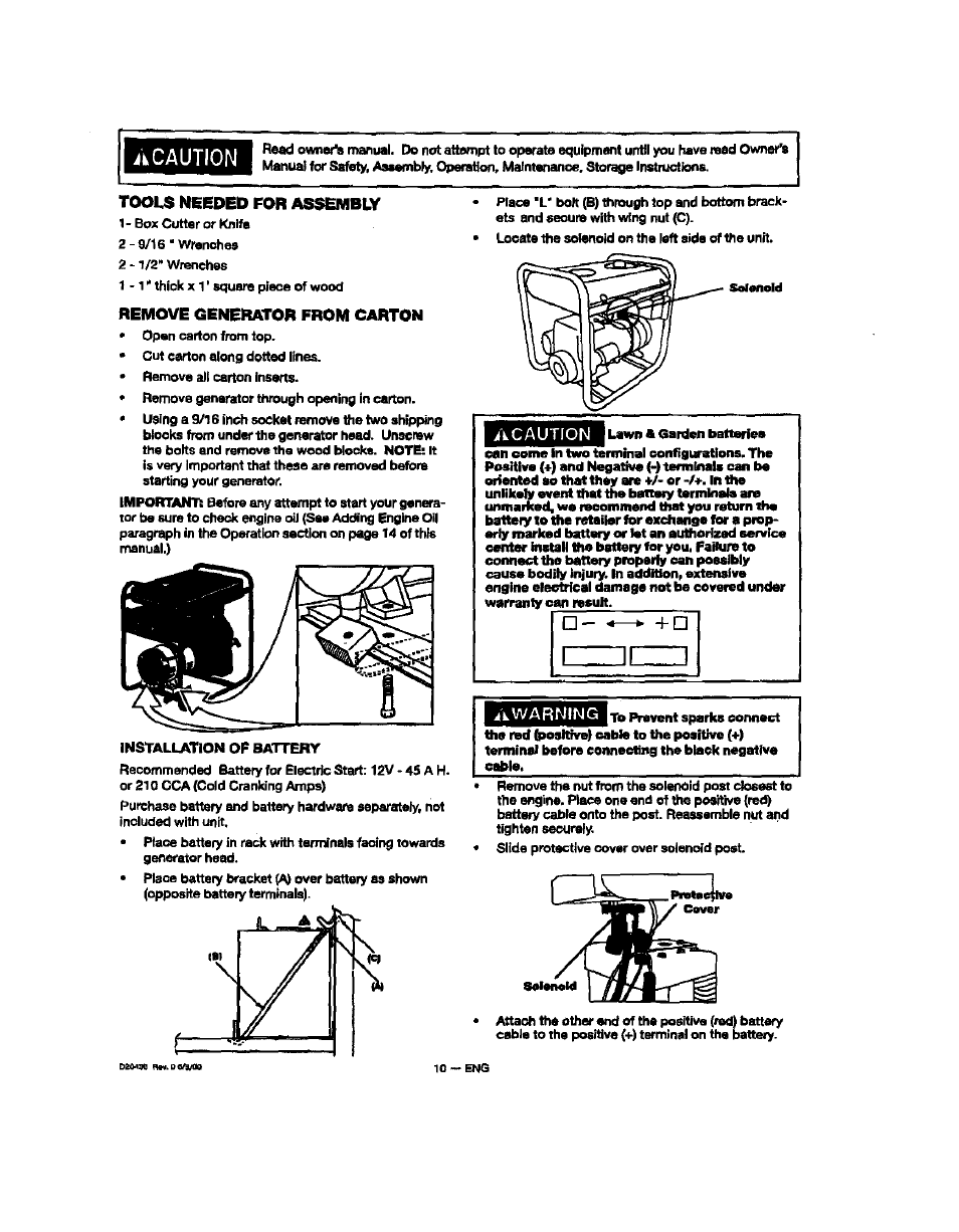 Tools needed for assembly, Remove generator from carton, Acaution | Awarning, A caution | Sears 919.329150 User Manual | Page 10 / 32