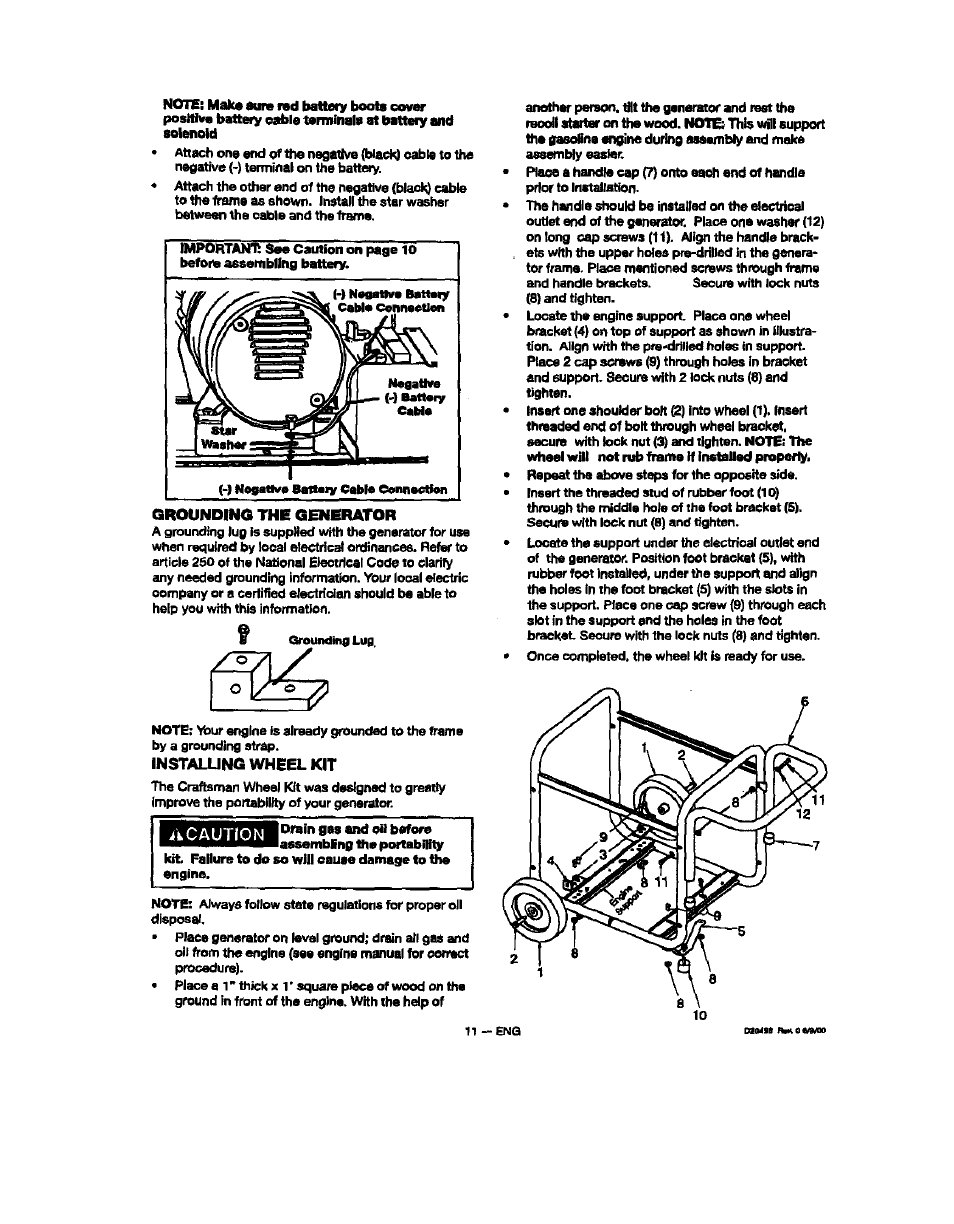 Grounding the generator, Instaljjng wheel kit, Acaution | Sears 919.329150 User Manual | Page 11 / 32