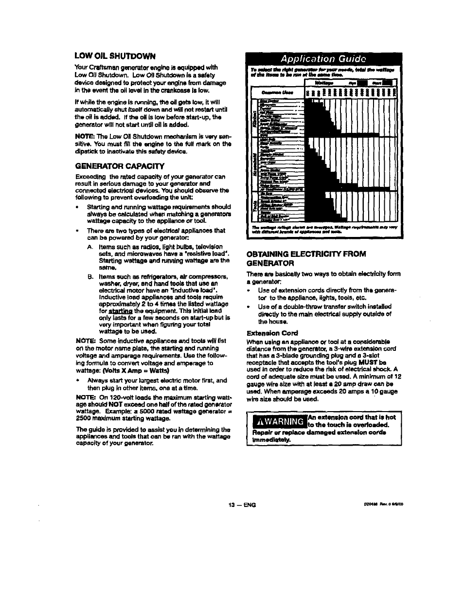 Low oil shutdown, Generator capacity, Obtaining electricity from generator | Application guide, Warning | Sears 919.329150 User Manual | Page 13 / 32