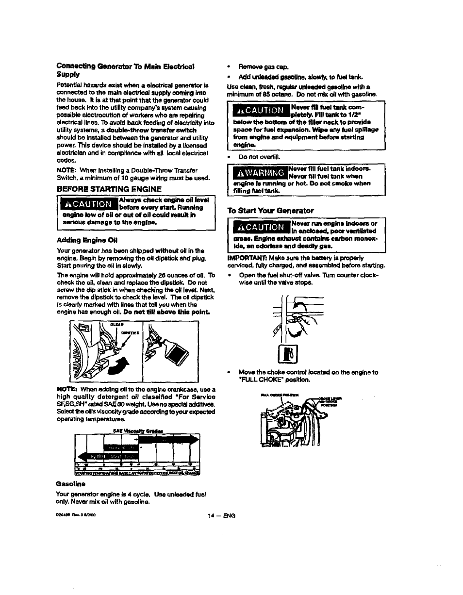 Conitscting generator to main electrical supply, Before starting engine, Ikcaution | Gasoline, Ikwarning, To start yoir generator | Sears 919.329150 User Manual | Page 14 / 32