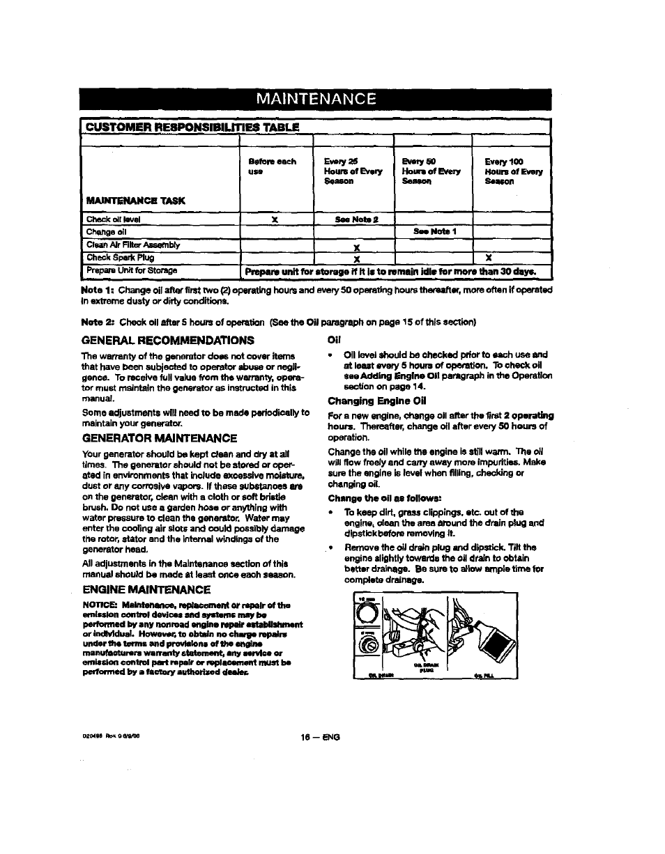 Customer responsibilities table, General recommendations, Generator maintenance | Engine maintenance, Maintenance | Sears 919.329150 User Manual | Page 16 / 32