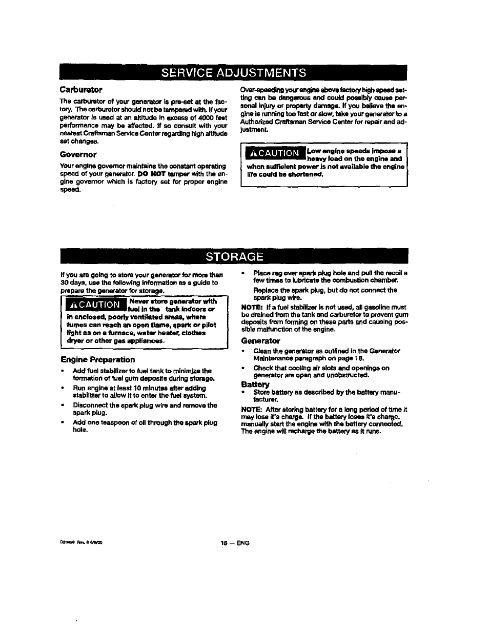 Governor, Engine preparation, Generator | Battery, Service adjustments, Storage | Sears 919.329150 User Manual | Page 18 / 32