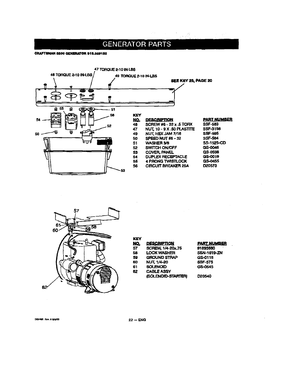 Generator parts | Sears 919.329150 User Manual | Page 22 / 32