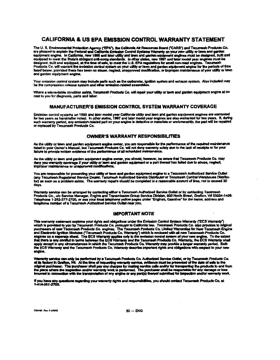 Owner's warranty responsibilities, Important note | Sears 919.329150 User Manual | Page 30 / 32