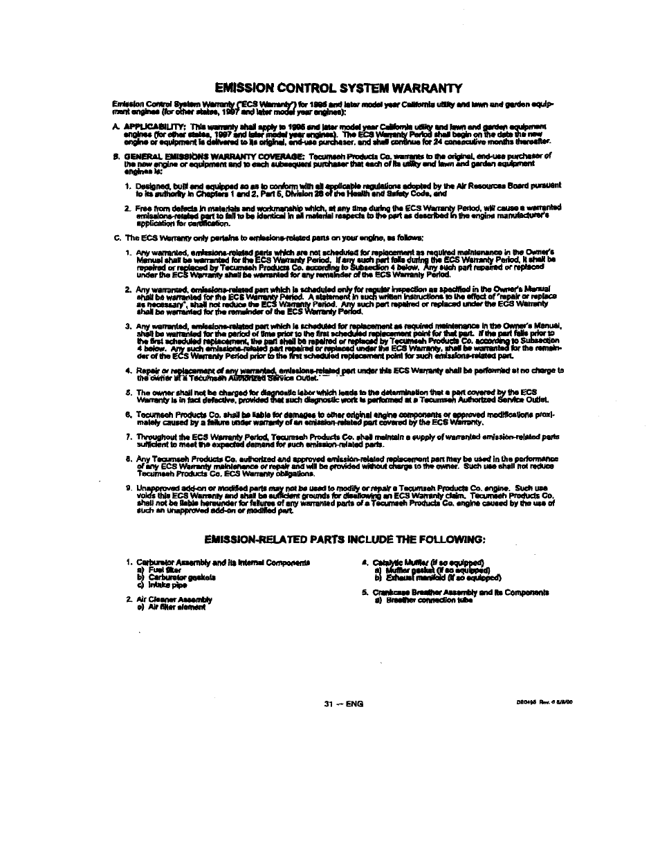 Emission-related parts include the following, Emission control system warranty | Sears 919.329150 User Manual | Page 31 / 32