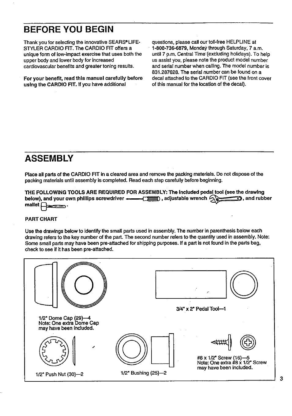 Before you begin, Assembly | Sears LIFESTYLER 831.287628 User Manual | Page 3 / 12